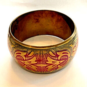 Vintage Brass Bangle Bracelet Chunky Domed Embossed Pink & Green Boho Exotic